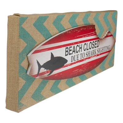 Northlight Rectangular Burlap Covered "Beach Closed" Shark Bite Surfboard Wall Art 24" 2 Northlight Rectangular Burlap Covered "Beach Closed" Shark Bite Surfboard Wall Art 24" - Image 2