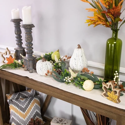 Northlight 5' X 6" Green Gourds And Foliage Artificial Fall Harvest Garland - Unlit 1 Northlight 5' X 6" Green Gourds And Foliage Artificial Fall Harvest Garland - Unlit