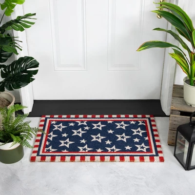 Northlight Blue And Red Americana Stars And Striped Border Coir Outdoor Doormat 18" X 30" 1 Northlight Blue And Red Americana Stars And Striped Border Coir Outdoor Doormat 18" X 30"