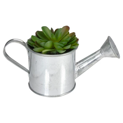 Northlight 4" Echeveria Succulent In Watering Can Artificial Potted Plant - Green/Silver 2 Northlight 4" Echeveria Succulent In Watering Can Artificial Potted Plant - Green/Silver - Image 2