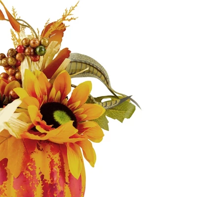 Northlight 12" Autumn Harvest Orange And Yellow Floral Pumpkin Decoration 2 Northlight 12" Autumn Harvest Orange And Yellow Floral Pumpkin Decoration - Image 2