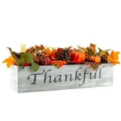 Northlight 21" Autumn Harvest Arrangement In A "Thankful" Rustic Wooden Box Centerpiece