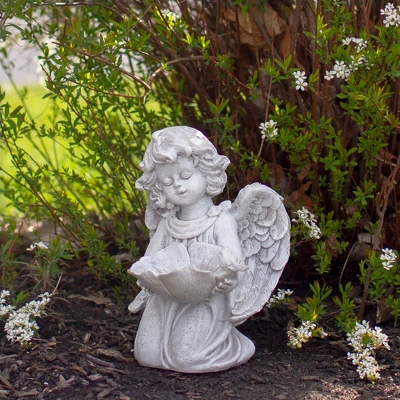 Northlight 9" Kneeling Angel With Flower Bird Feeder Outdoor Garden Statue 1 Northlight 9" Kneeling Angel With Flower Bird Feeder Outdoor Garden Statue