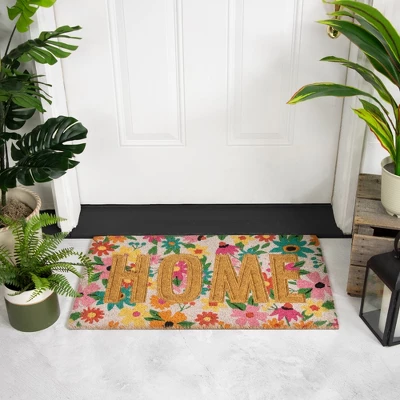 Northlight Pink And Orange Floral "Home" Outdoor Natural Coir Doormat 18" X 30" 1 Northlight Pink And Orange Floral "Home" Outdoor Natural Coir Doormat 18" X 30"