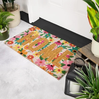 Northlight Pink And Orange Floral "Home" Outdoor Natural Coir Doormat 18" X 30" 2 Northlight Pink And Orange Floral "Home" Outdoor Natural Coir Doormat 18" X 30" - Image 2