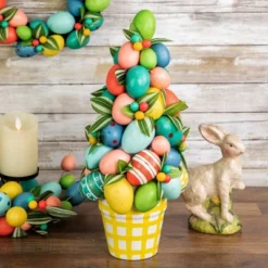 Northlight 17" Colorful Easter Egg Tree In Yellow Gingham Pot