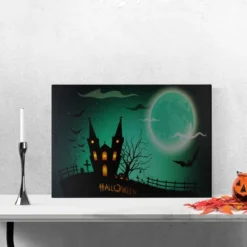 Northlight 23.5" Halloween Prelit LED Church In Cemetery Canvas Wall Art - Teal Blue/Black